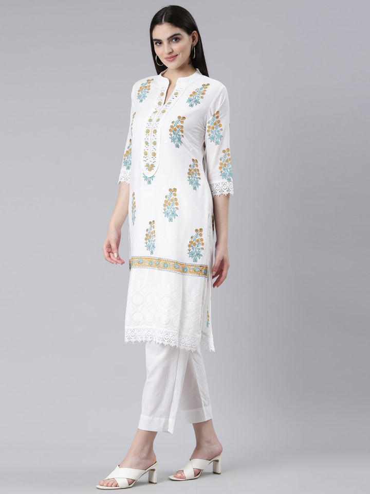 Neerus Yellow cotton printed kurta set with trouser and dupatta - back view