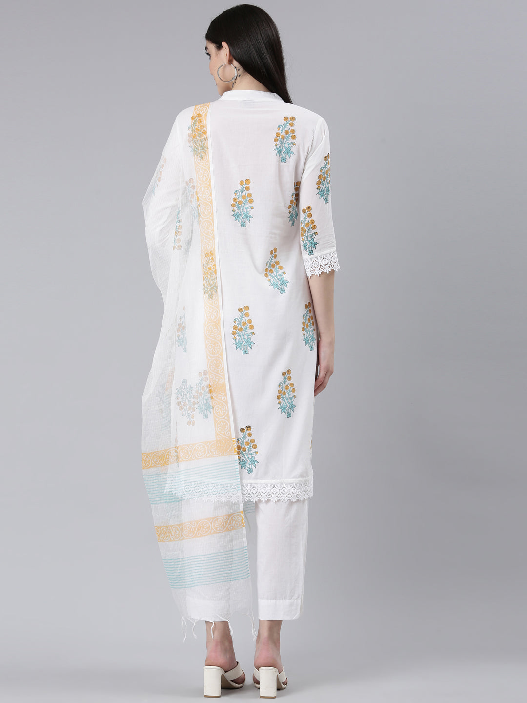 Neerus Yellow cotton printed kurta set with trouser and dupatta - side view