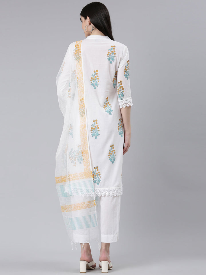 Neerus Yellow cotton printed kurta set with trouser and dupatta - side view