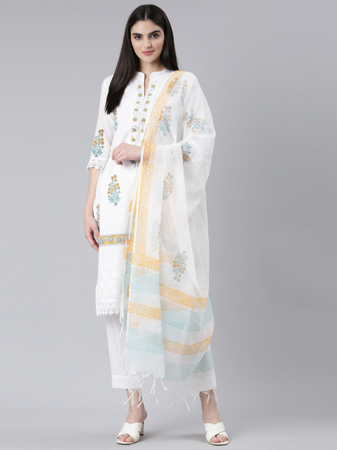 Neerus Yellow cotton printed kurta set with trouser and dupatta - detail view 1