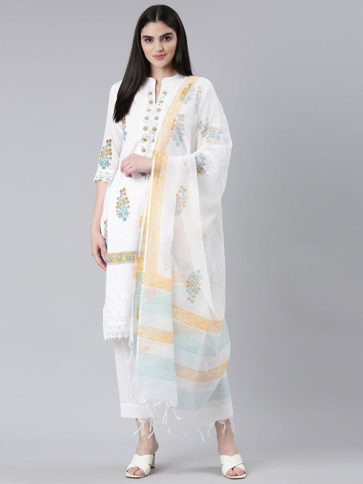 Neerus Yellow cotton printed kurta set with trouser and dupatta - detail view 1