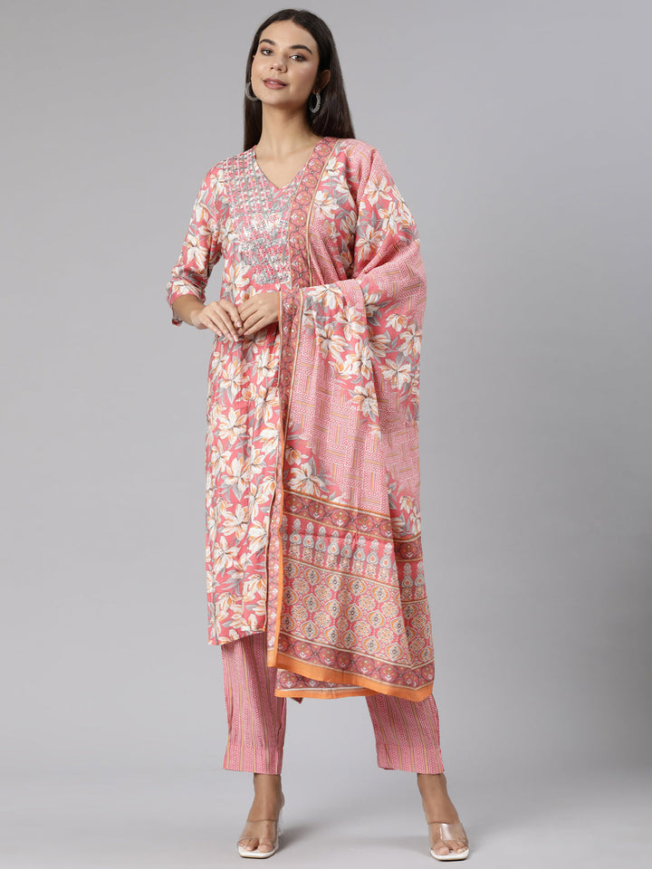 Neerus Pink Regular Straight Floral Kurta And Trousers With Dupatta