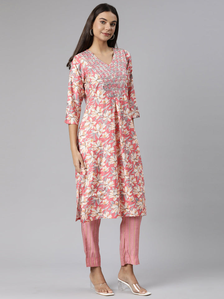 Neerus Pink Regular Straight Floral Kurta And Trousers With Dupatta