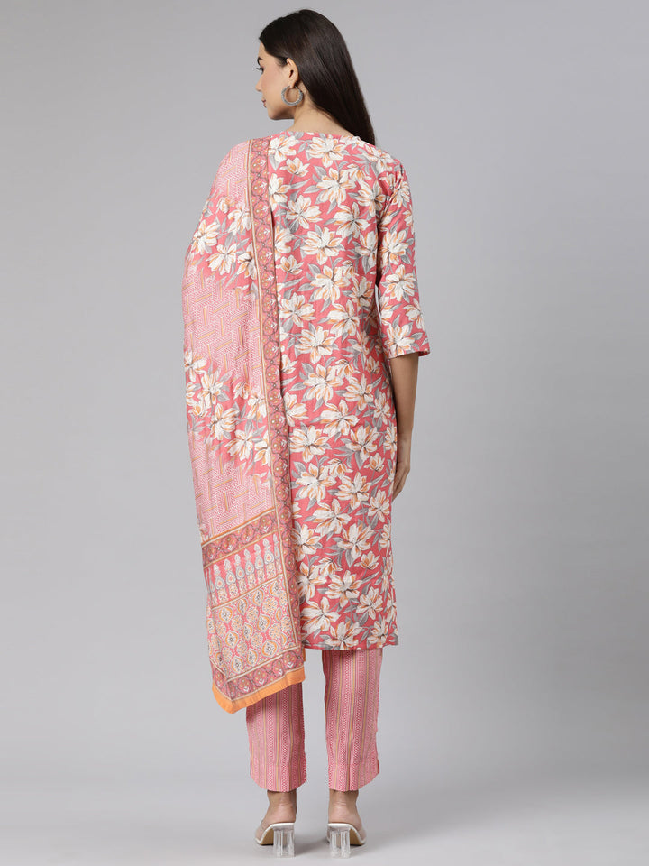 Neerus Pink Regular Straight Floral Kurta And Trousers With Dupatta