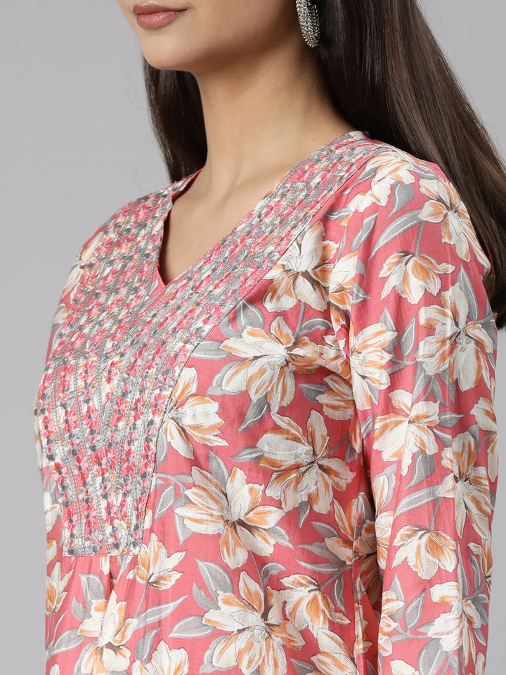 Neerus Pink Regular Straight Floral Kurta And Trousers With Dupatta
