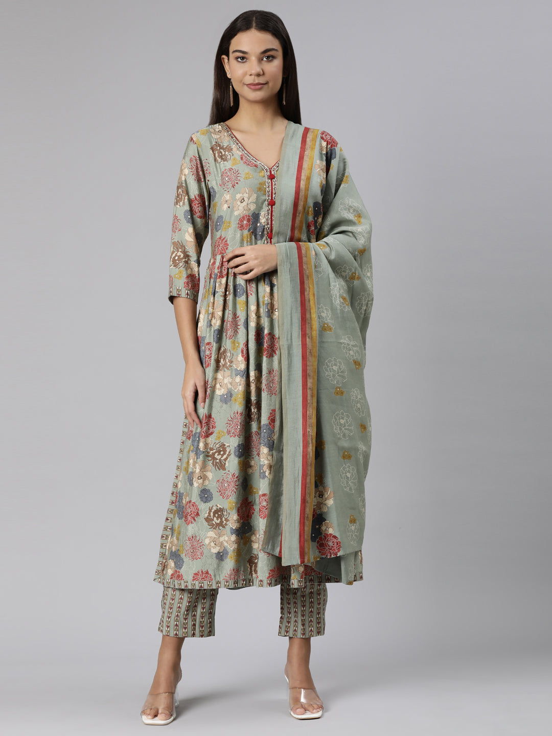 Neerus Blue shantoon printed suit set - front view