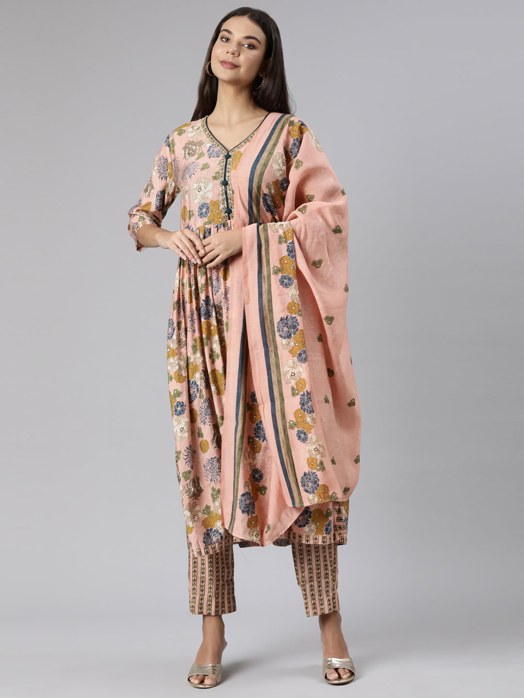 Neerus Orange Shantoon Printed Suit Set - front view
