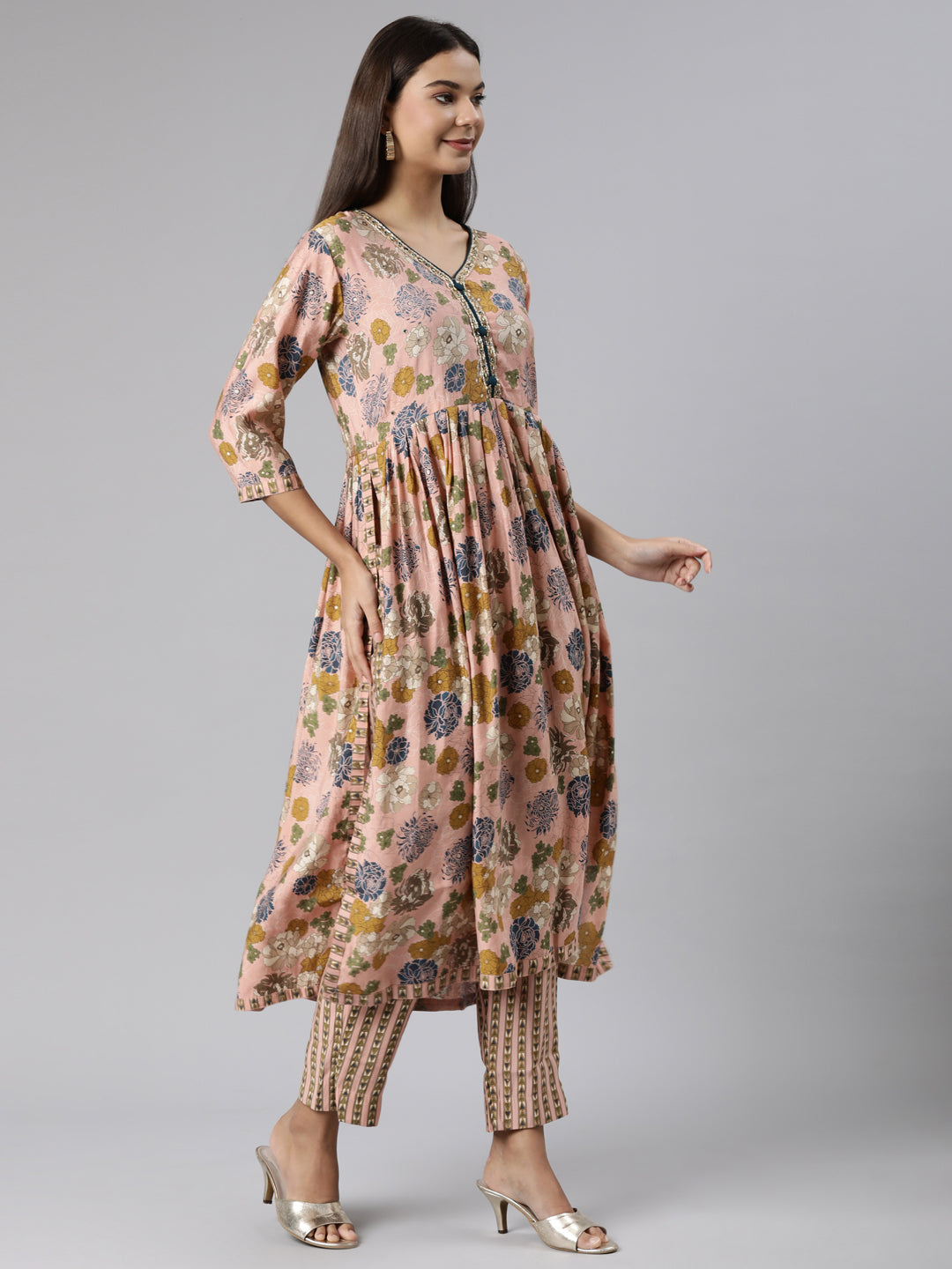 Neerus Orange Shantoon Printed Suit Set - back view