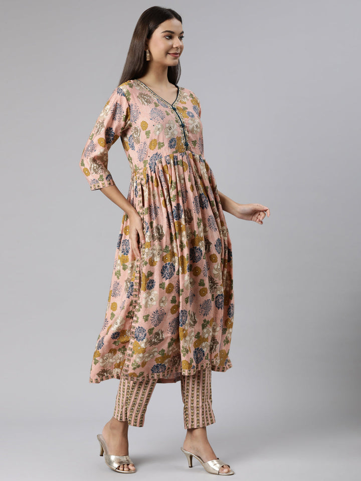 Neerus Orange Shantoon Printed Suit Set - back view