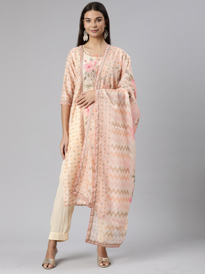 Neerus Orange organza printed suit set - front view