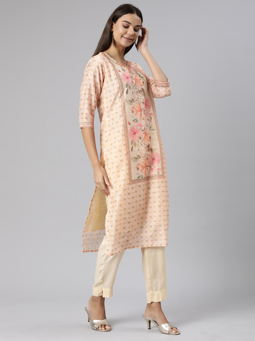 Neerus Orange organza printed suit set - back view