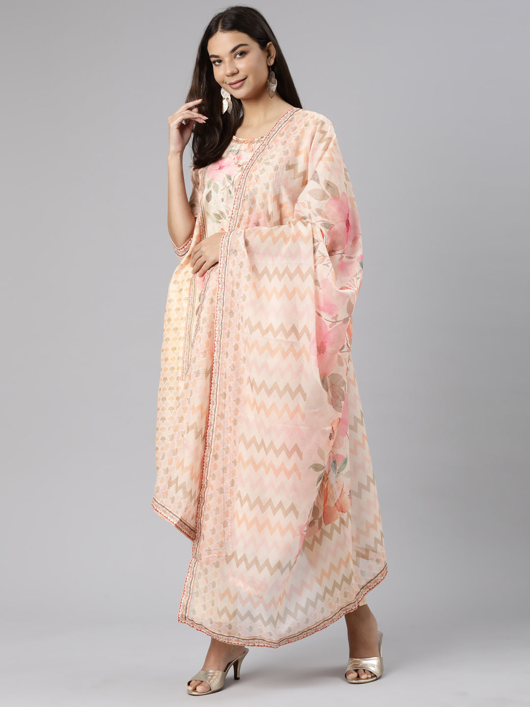 Neerus Orange organza printed suit set - detail view 2
