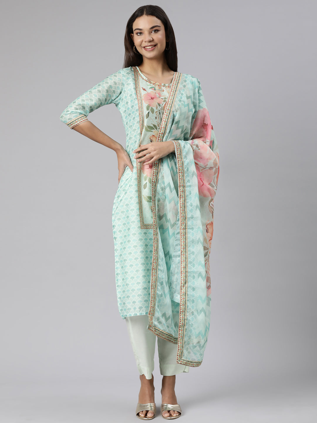 Neerus Green organza printed suit set - front view