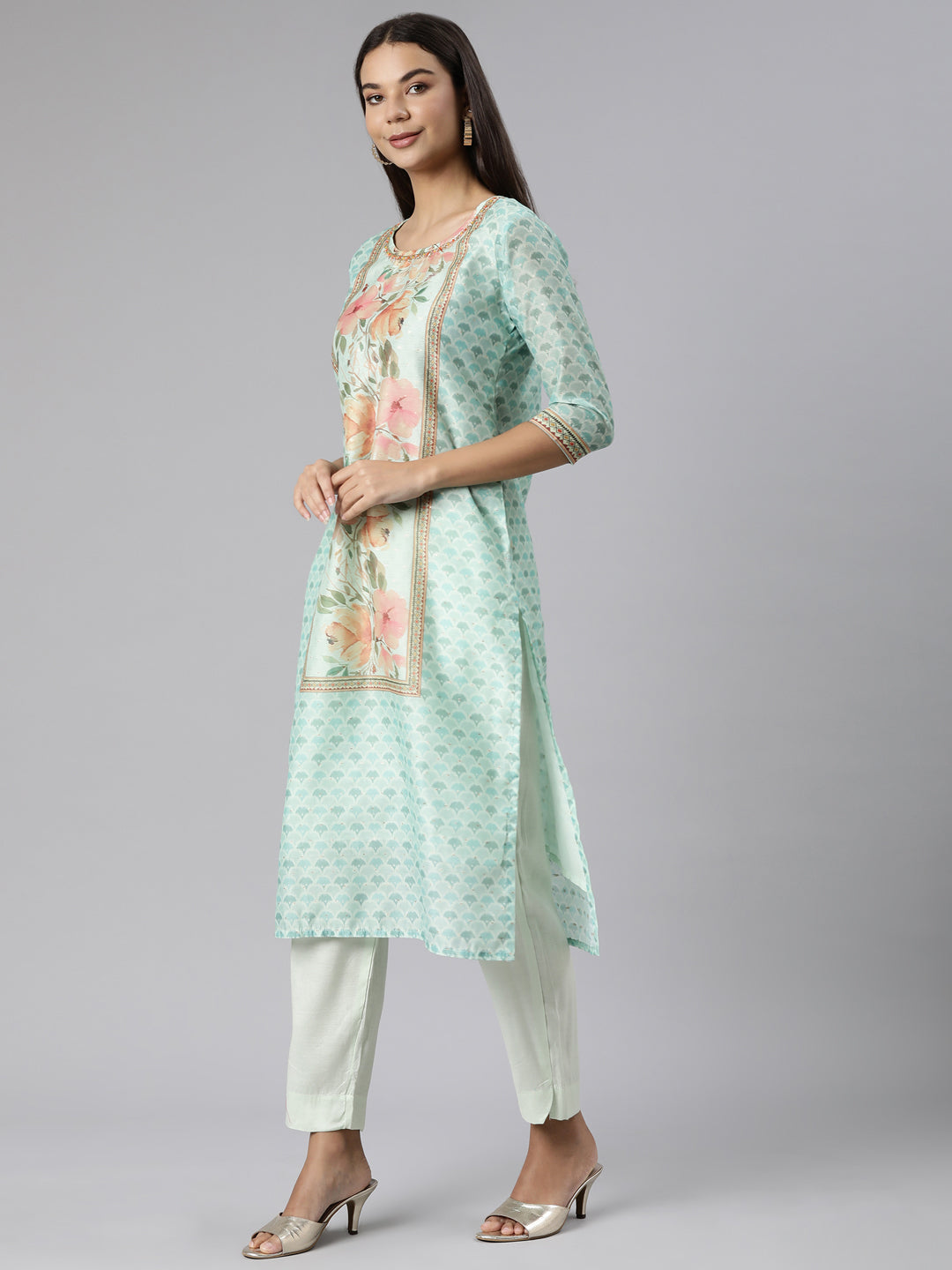 Neerus Green organza printed suit set - back view