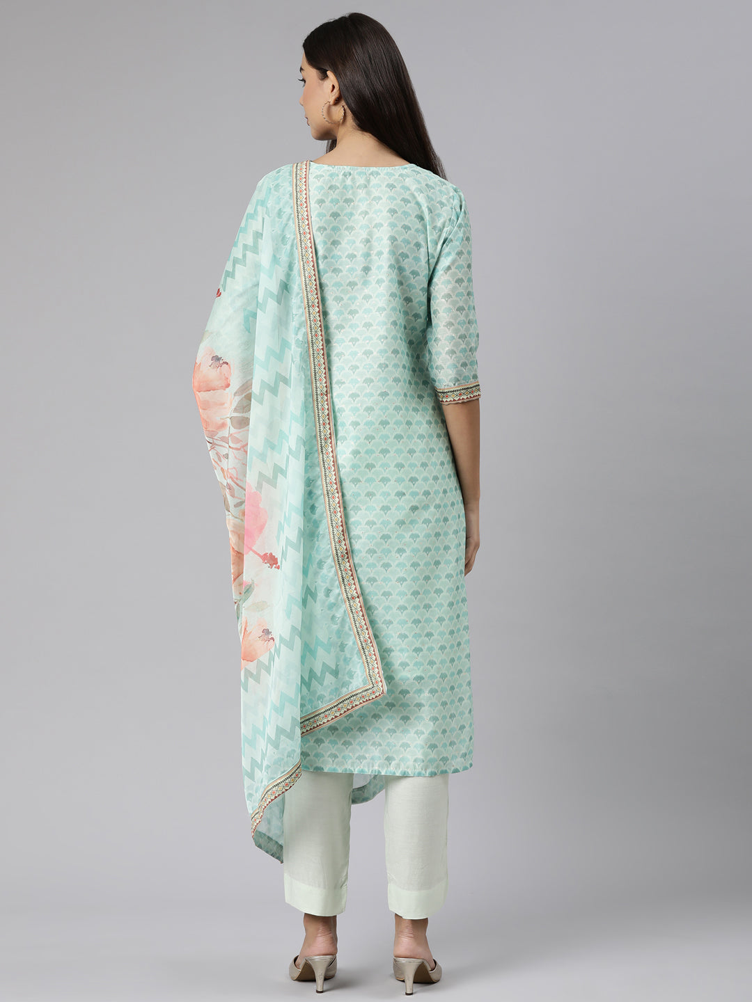 Neerus Green organza printed suit set - side view