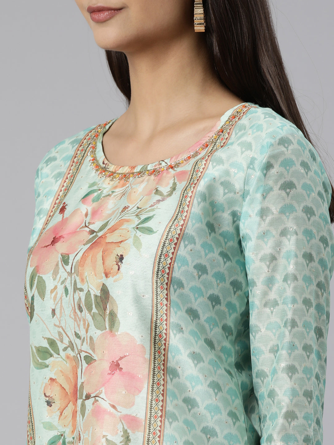 Neerus Green organza printed suit set - detail view 1