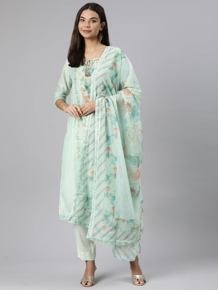 Neerus Green printed floral suit set straight kurta with trouser and dupatta - front view