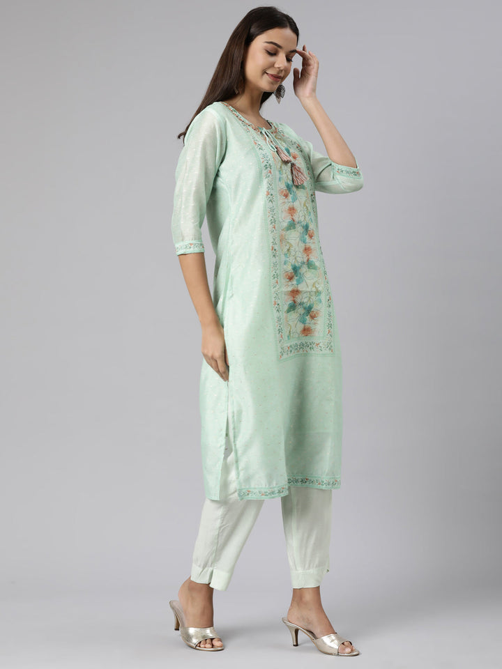 Neerus Green printed floral suit set straight kurta with trouser and dupatta - back view