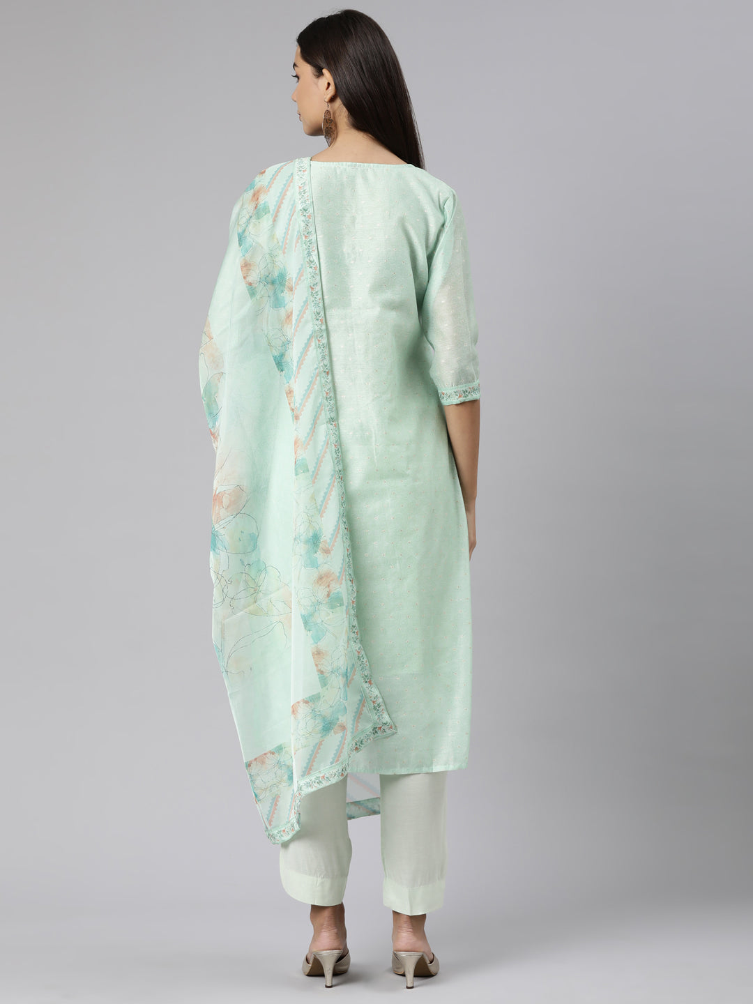 Neerus Green printed floral suit set straight kurta with trouser and dupatta - side view