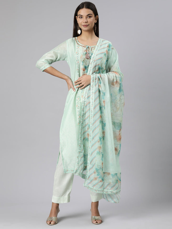 Neerus Green printed floral suit set straight kurta with trouser and dupatta - detail view 2