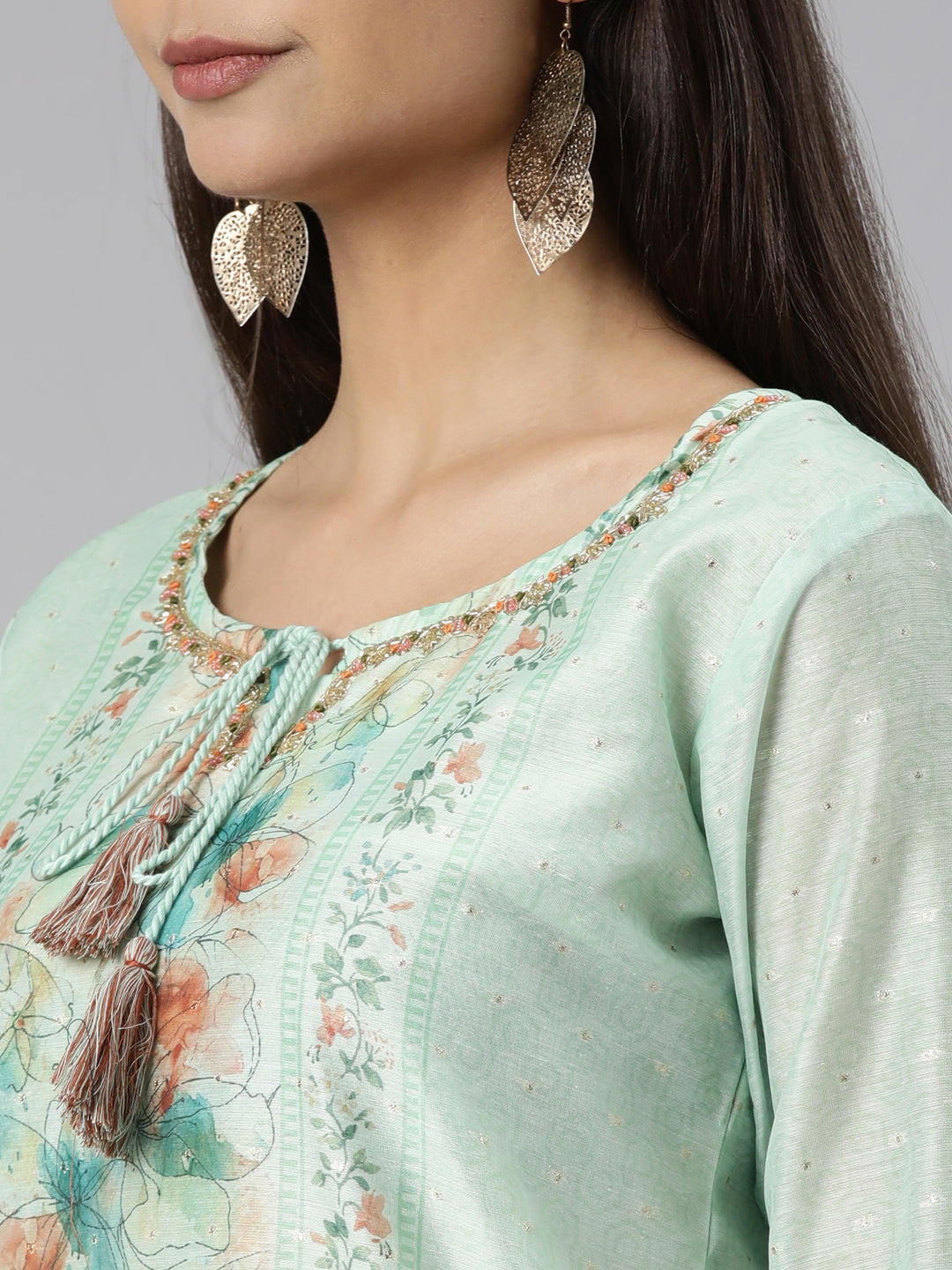 Neerus Green printed floral suit set straight kurta with trouser and dupatta - detail view 1