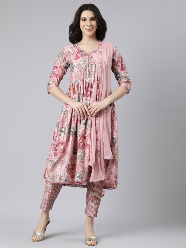 Neerus Pink floral printed straight suit set - front view