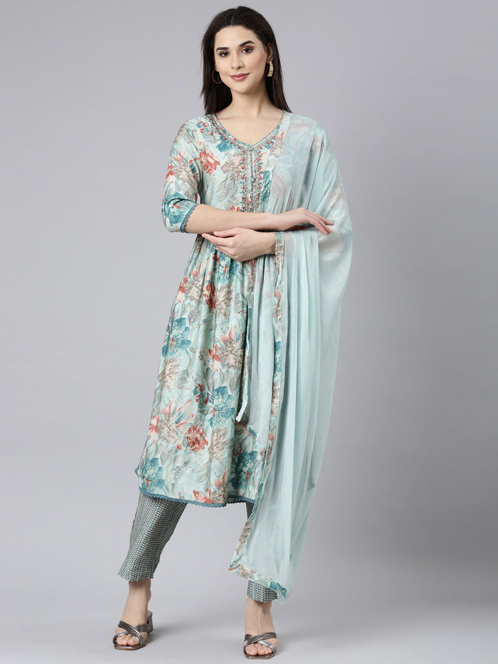 Neerus Blue printed floral straight suit set - front view