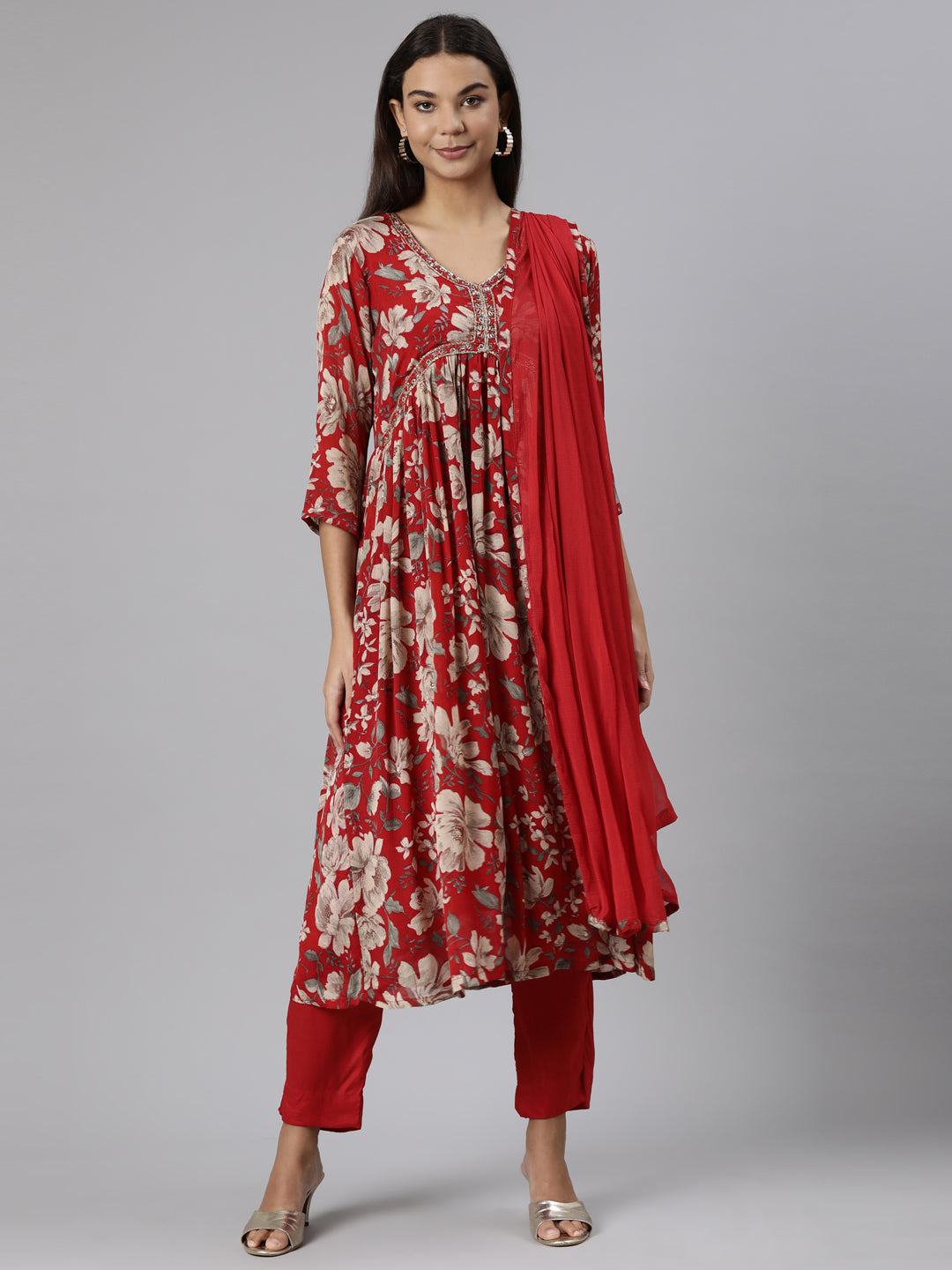 Neerus Red printed floral straight suit set - front view
