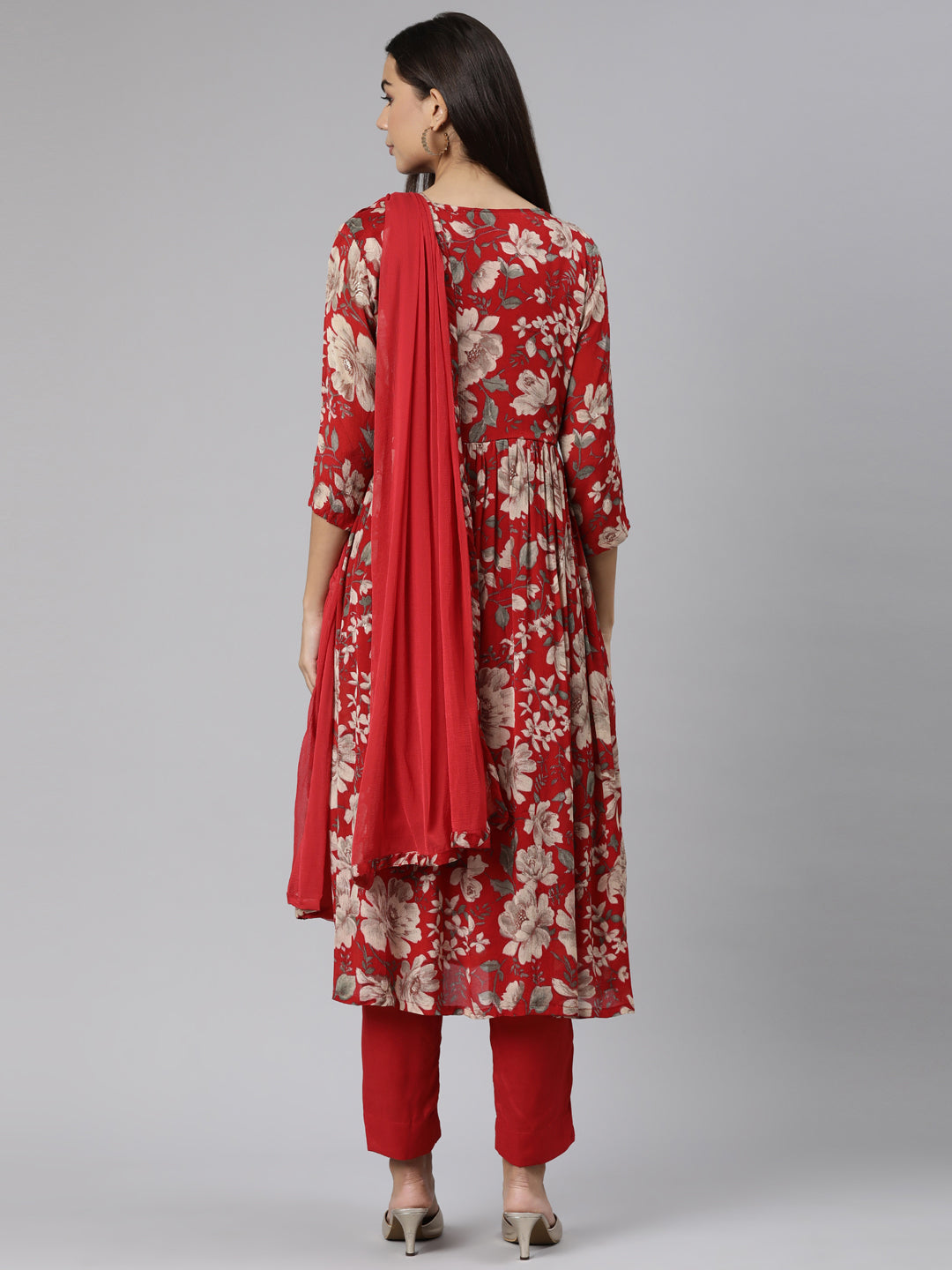 Neerus Red printed floral straight suit set - side view