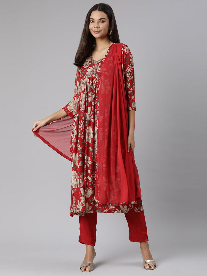 Neerus Red printed floral straight suit set - detail view 2