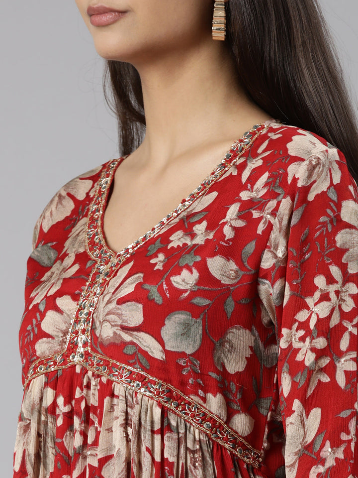 Neerus Red printed floral straight suit set - detail view 1