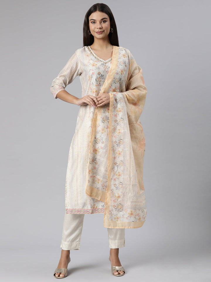Neerus Yellow printed floral suit set - front view