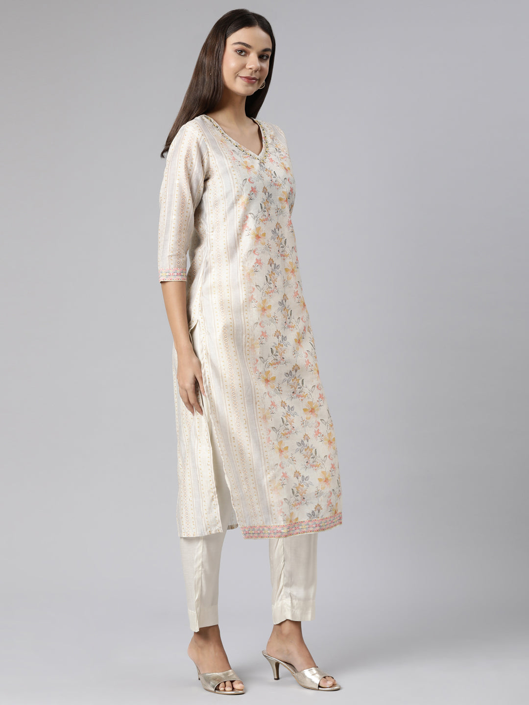 Neerus Yellow printed floral suit set - back view