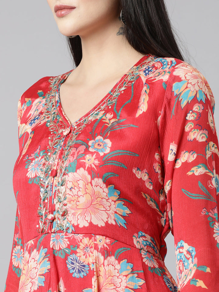 Neerus Red Georgette Printed Suit Set - detail view 1