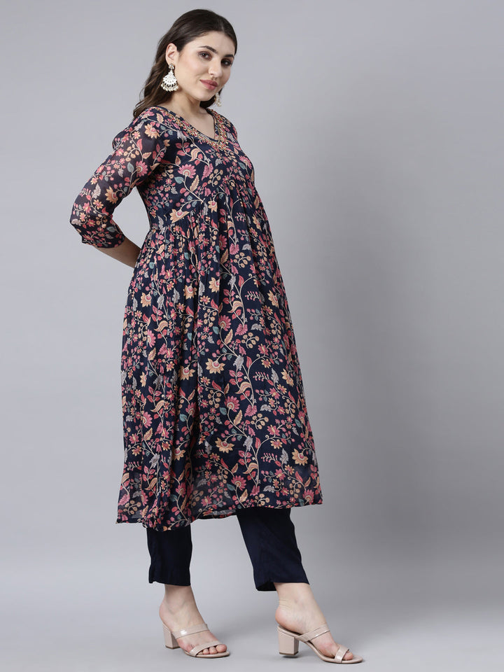 Neerus Blue printed floral suit set straight kurta with trouser and dupatta - back view