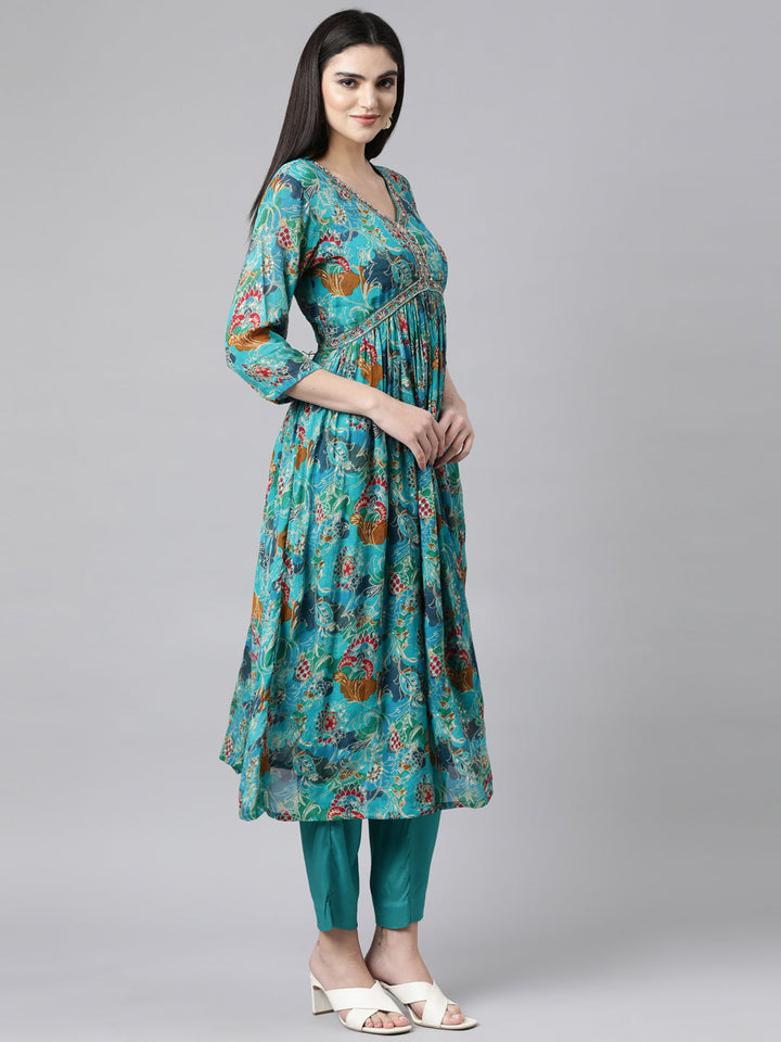 Neerus Green printed floral suit set straight kurta with trouser and dupatta - back view