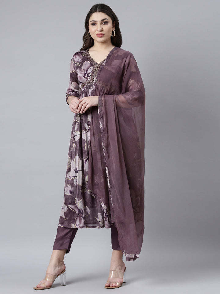 Neerus Purple printed floral suit set - front view