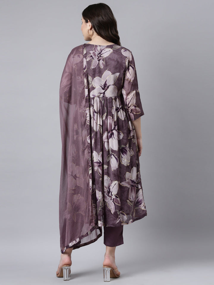 Neerus Purple printed floral suit set - side view