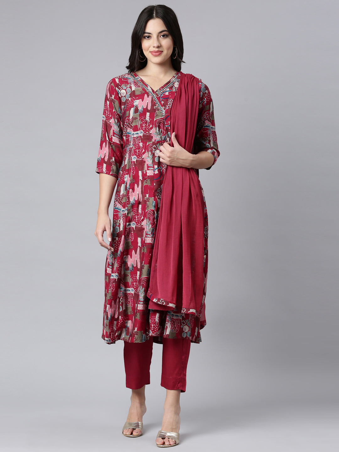 Neerus Pink floral printed angrakha suit set - front view