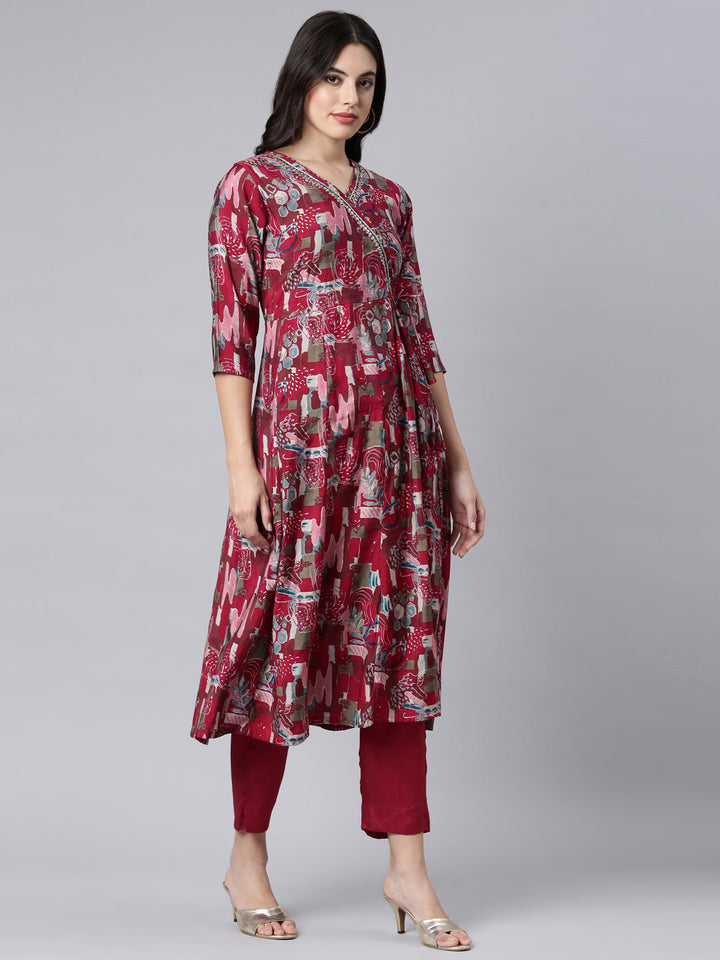Neerus Pink floral printed angrakha suit set - back view