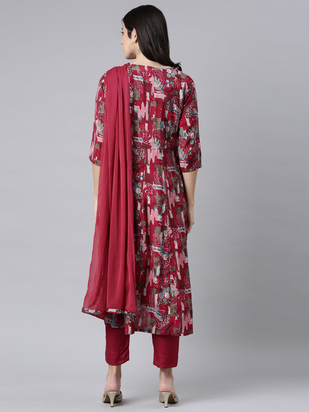 Neerus Pink floral printed angrakha suit set - side view