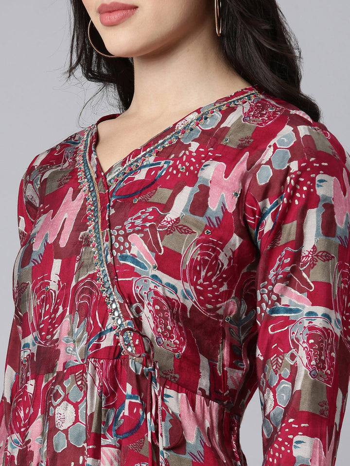 Neerus Pink floral printed angrakha suit set - detail view 1