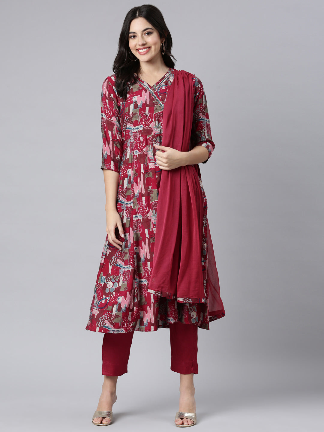 Neerus Pink floral printed angrakha suit set - detail view 2