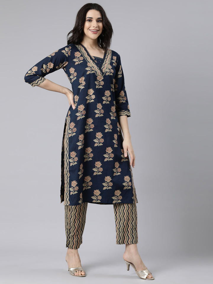 Neerus Navy Blue Regular Straight Floral Kurta And  Trousers With Dupatta