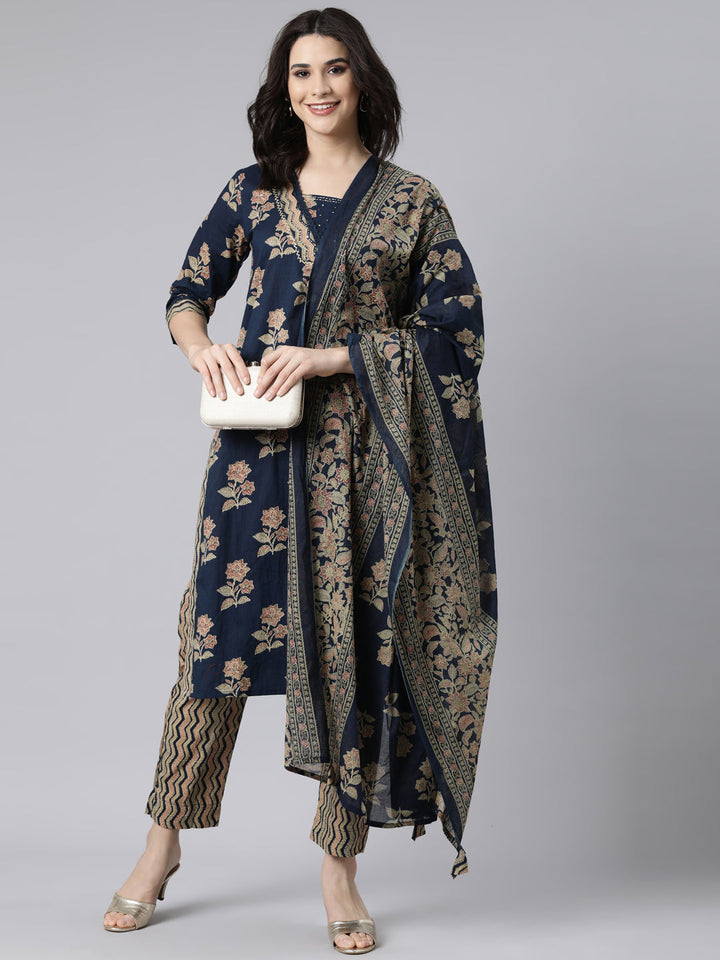 Neerus Navy Blue Regular Straight Floral Kurta And  Trousers With Dupatta