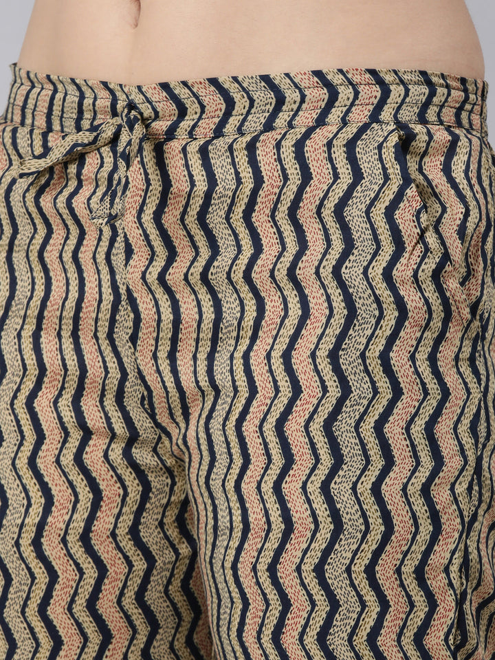 Neerus Navy Blue Regular Straight Floral Kurta And  Trousers With Dupatta