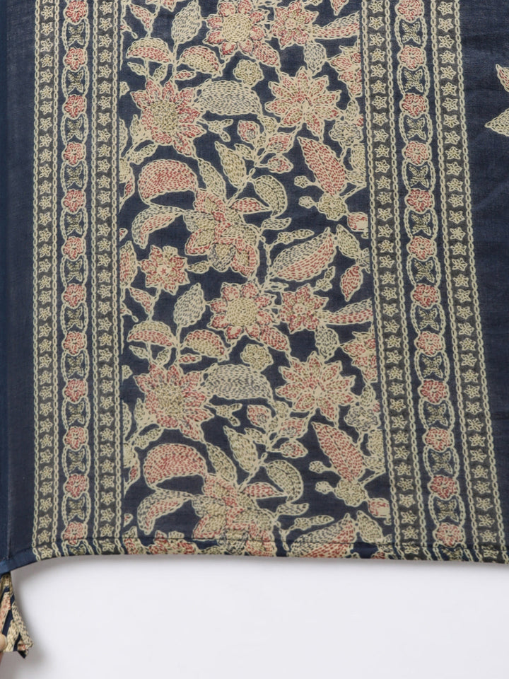 Neerus Navy Blue Regular Straight Floral Kurta And  Trousers With Dupatta