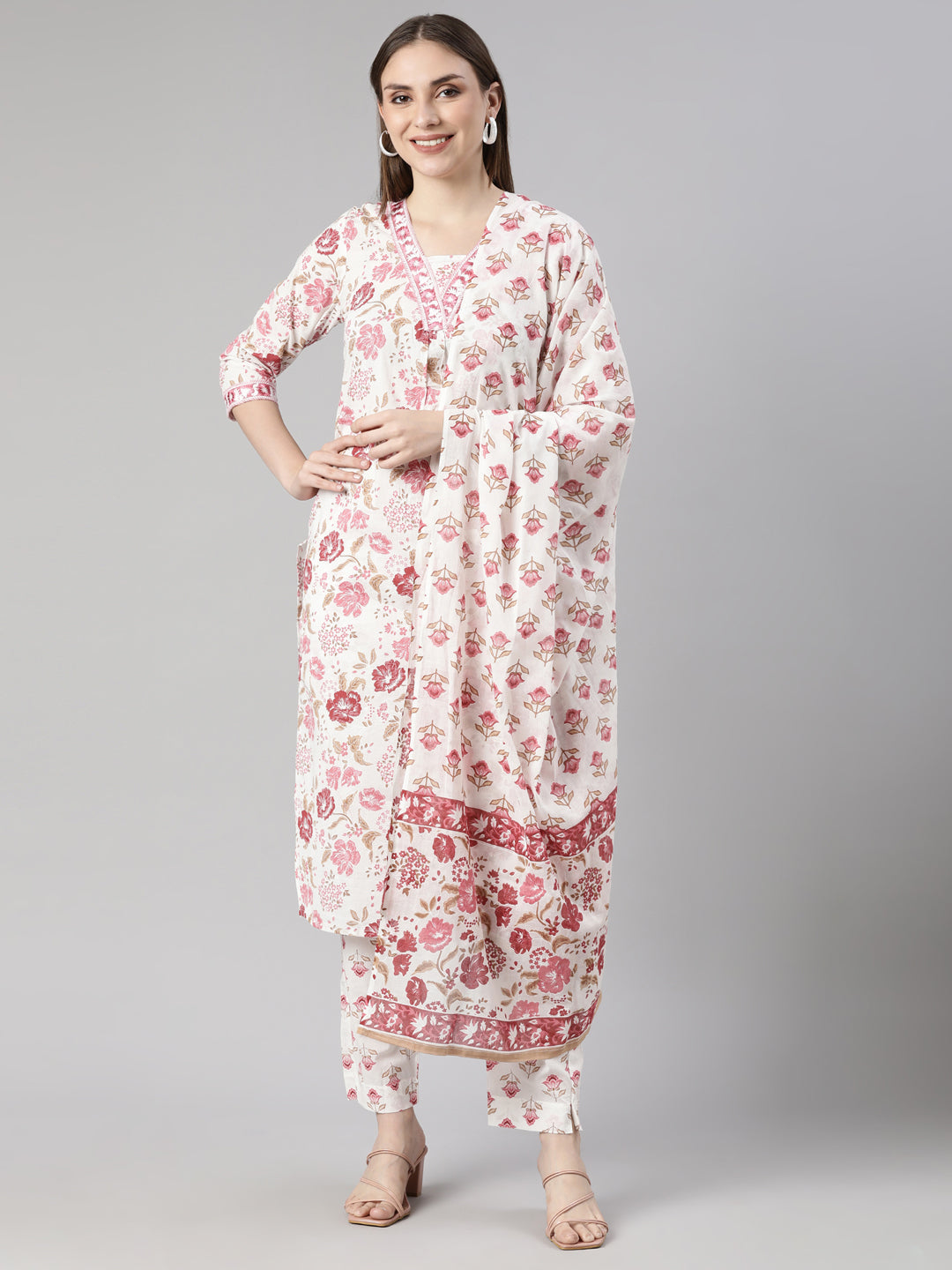 Neerus Pink printed floral straight suit set - front view