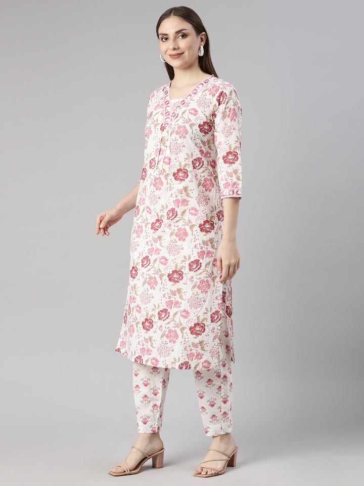Neerus Pink printed floral straight suit set - back view