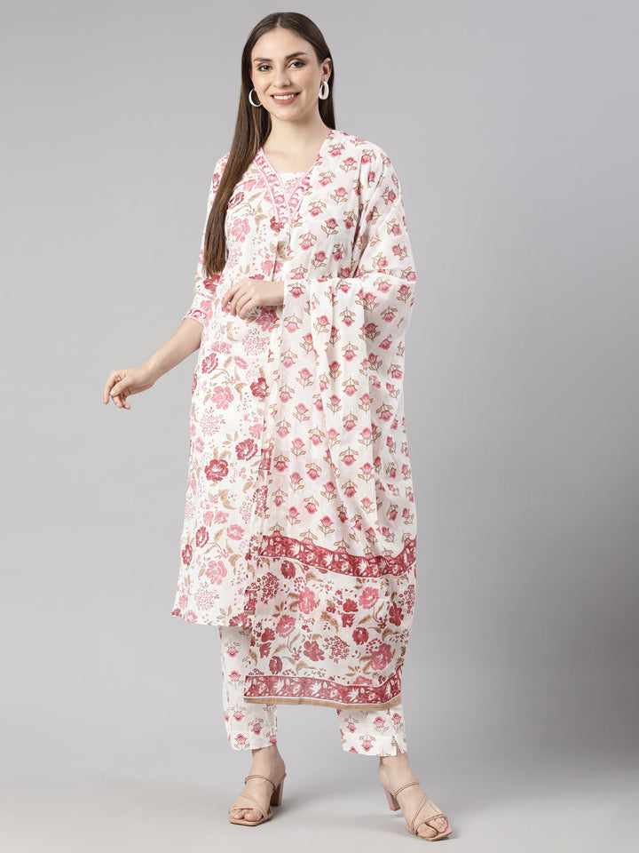 Neerus Pink printed floral straight suit set - detail view 1